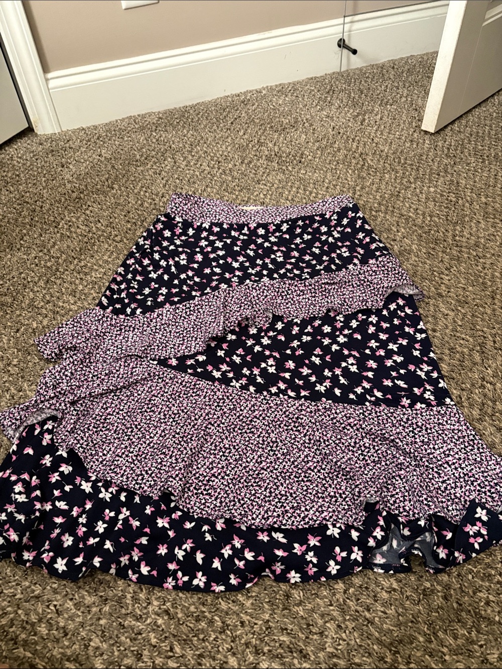 MICHAEL Michael Kors Navy Maxi Skirt with Purple Floral Ruffle Panels